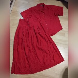 Outback Red Silk Red Button-Up Shirt and Skirt Set